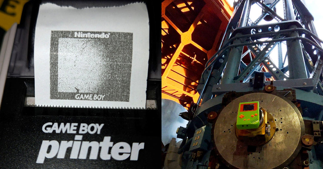 Game Boy Camera attached to the Mount Wilson Observatory telescope beside a printed image of Jupiter